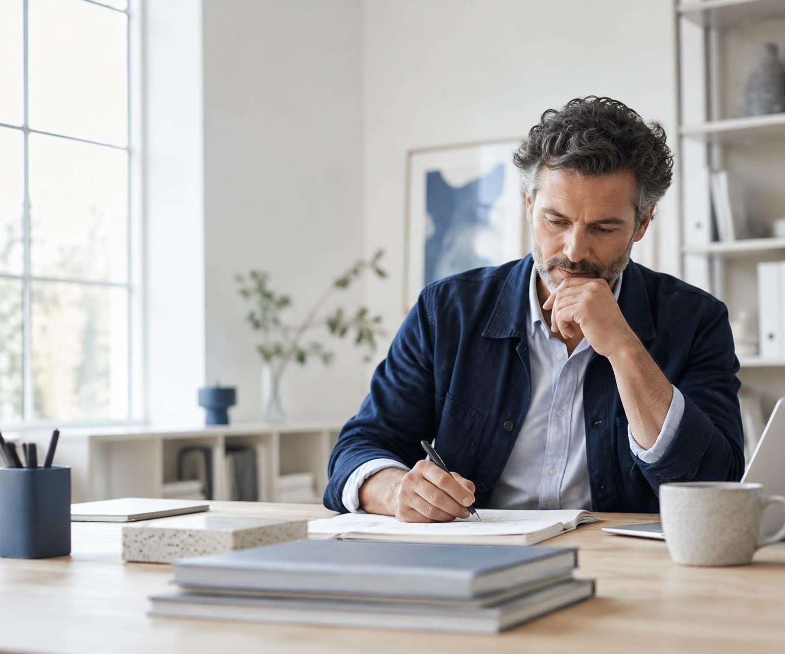 Un hombre trabajando solo en su escritorio, escribiendo y pensando junto a una ventana